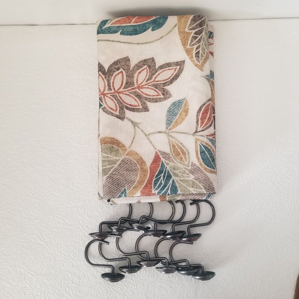Vtg Excell Fabric Fall Floral Leaf Nature Shower Curtain Cream Brown Teal Rust